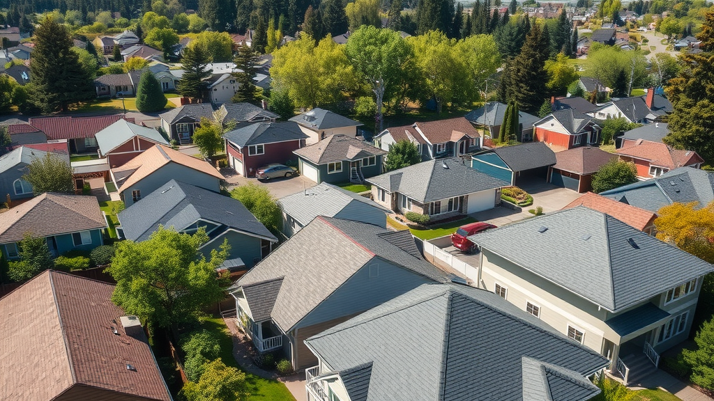 Aerial view of clean rooftops in Eugene Oregon residential neighborhood with Pacific Northwest trees, average cost of roof cleaning Eugene Oregon