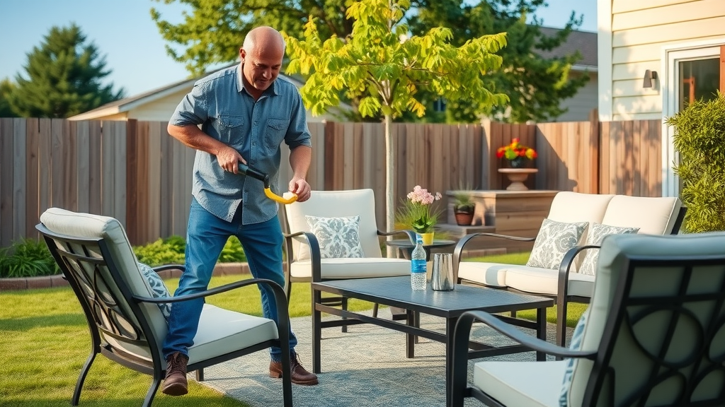 Homeowner preparing property for professional power washing service by moving outdoor furniture, company using client water supply