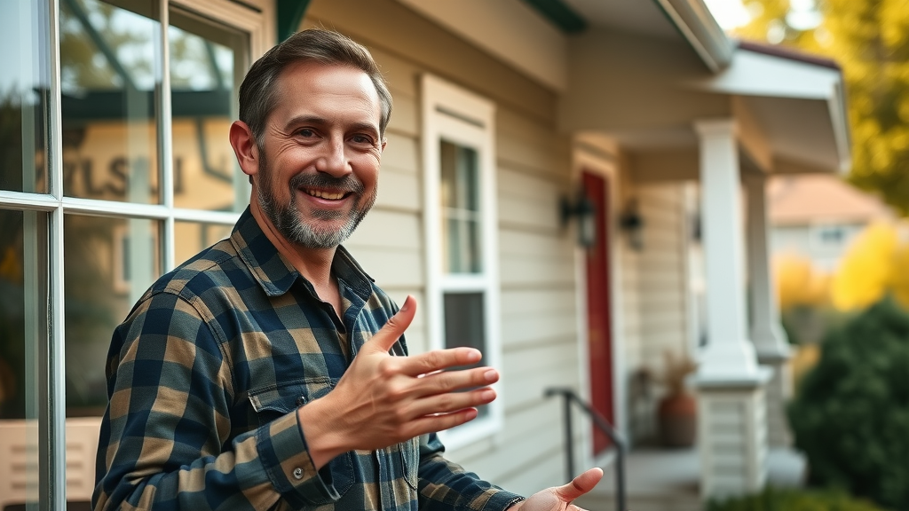 Friendly local window cleaner greeting Eugene Oregon homeowner outside craftsman-style house, iconic Oregon landscape in background.