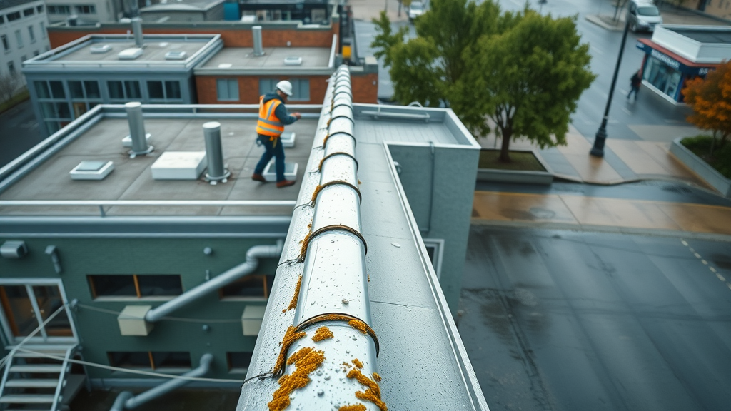 Commercial gutter cleaning Eugene Oregon technician clearing gutters on rooftop.