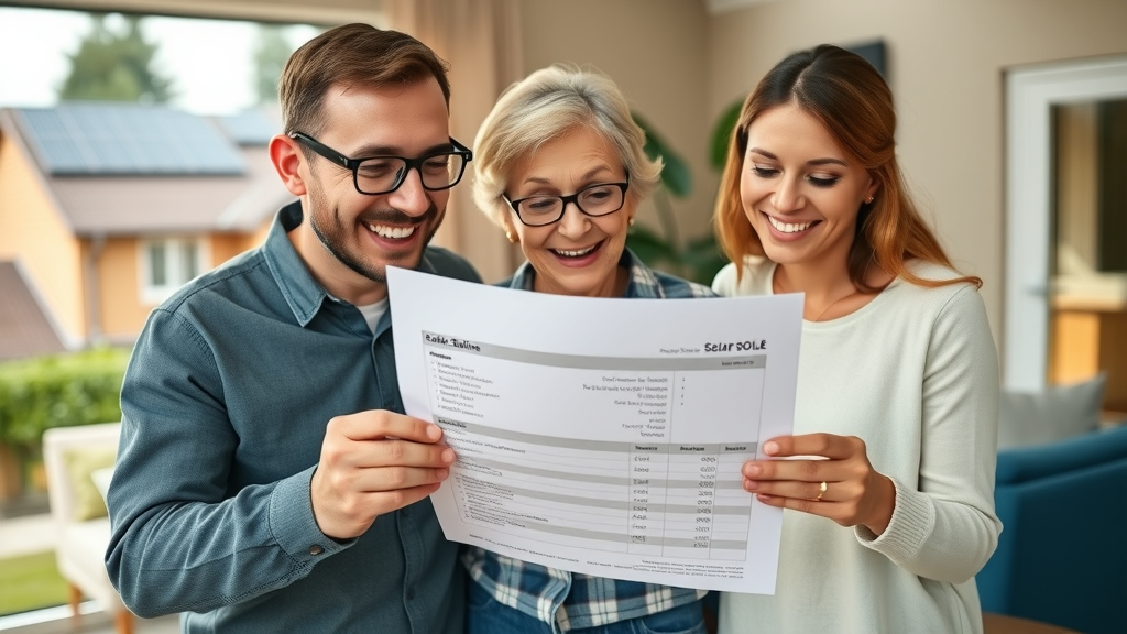 Happy Eugene family reviewing a detailed estimate for solar panel cleaning services, well-maintained rooftop solar system and suburban Eugene in background, clear price breakdown.