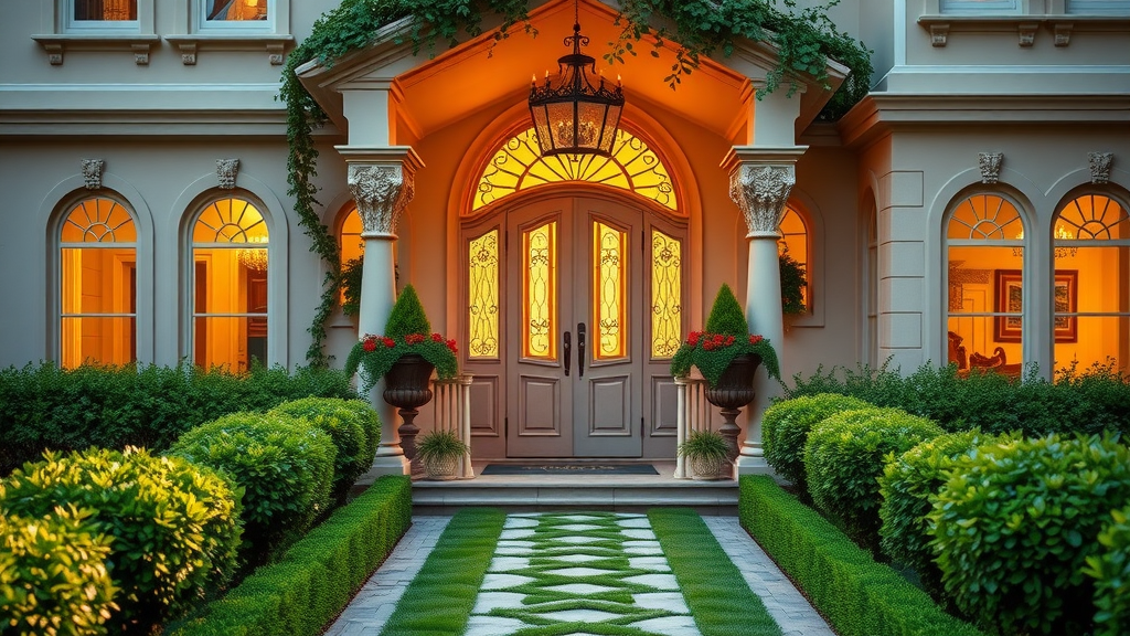 Welcoming property entrance, radiant exterior after pressure washing, happy guest arriving, main keyword: positive first impression from pressure washing