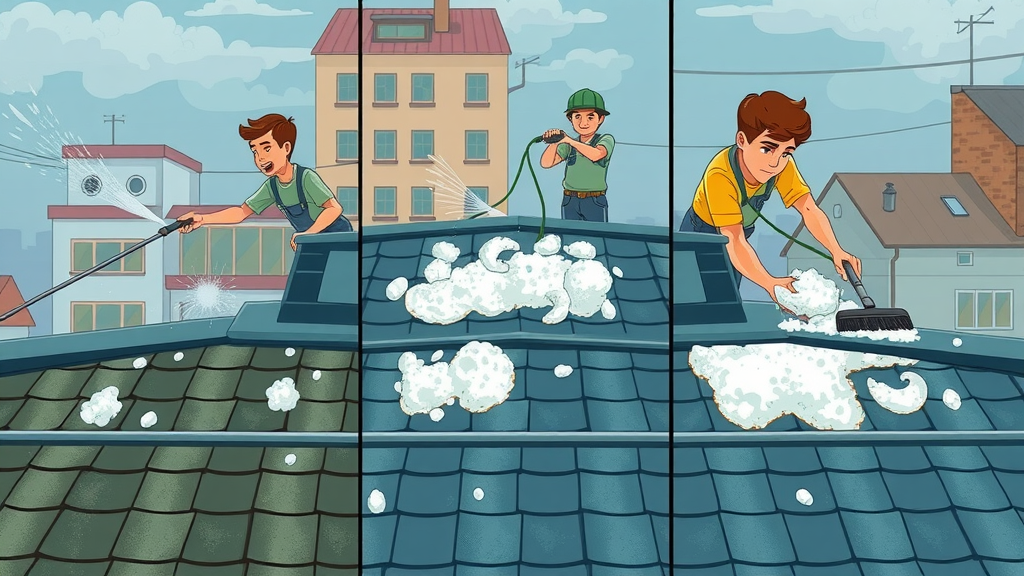 Illustration comparing soft washing, pressure washing, and manual cleaning on roof surfaces.
