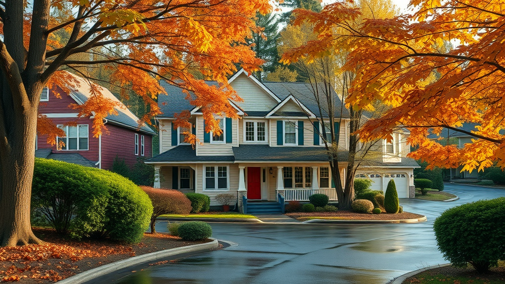 how often should you pressure wash your house in Eugene, Oregon? Clean homes in a lush Eugene neighborhood with vibrant autumn tones and pristine exteriors.