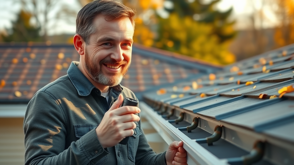 Modern homeowner inspecting clean gutter guards and joints on aluminum gutters, using a flashlight, showcasing home maintenance techniques for how to clean gutter exterior. Main keyword: home maintenance