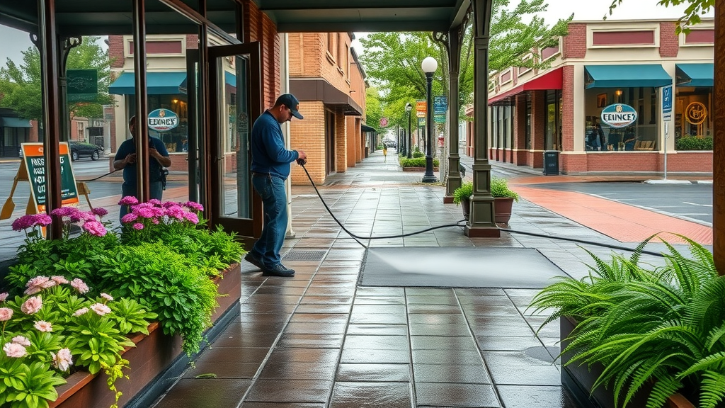 Clean commercial sidewalk near Eugene, Oregon business after pro pressure washing