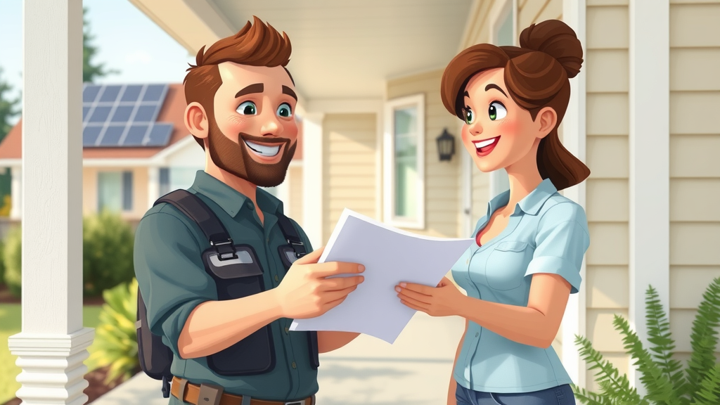 friendly local technician reviewing solar panel cleaning estimate with homeowner, Eugene Oregon porch scene