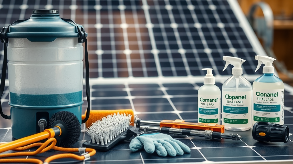Professional solar panel cleaning equipment including deionized water tank, soft brushes, and eco-safe gear