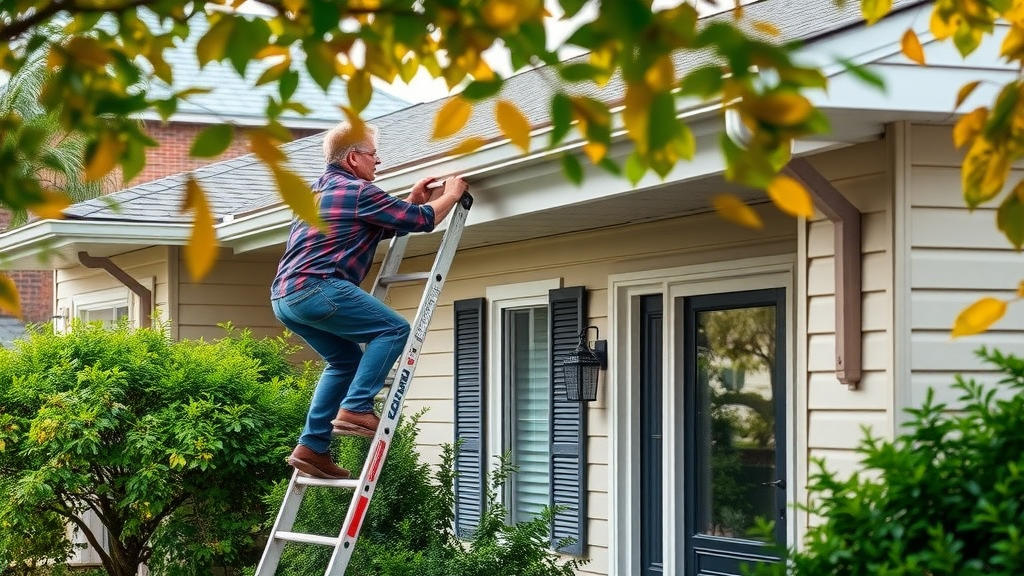 Well-kept suburban home exterior, homeowner cleaning gutters, lush yard, vibrant colors, natural daylight. how often gutter cleaning