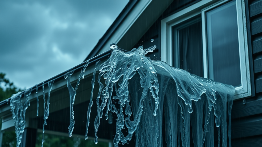 rainwater overflowing from clogged gutter, risk of costly water damage