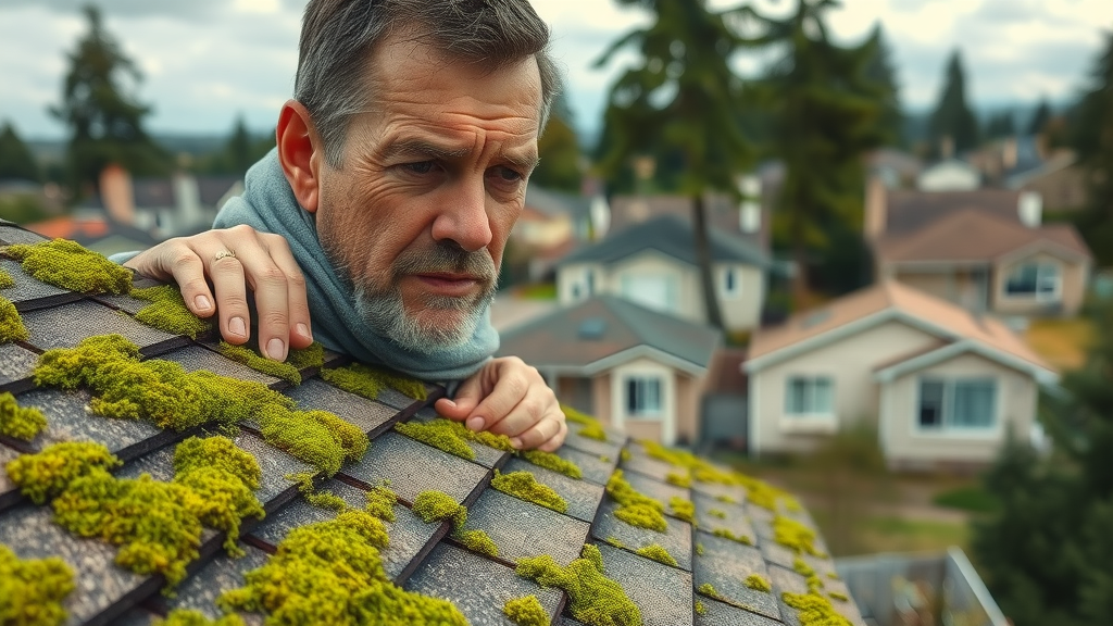 Overgrown moss on roof in Eugene, Oregon; residential shingle roof with concerned homeowner inspecting, suburban background, natural details, loose green moss strands, daylight