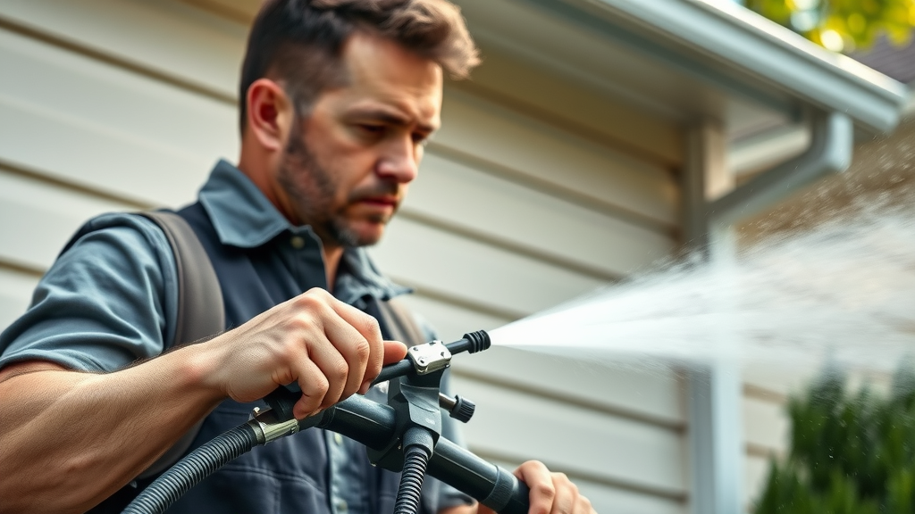 Professional pressure washing siding, spray in action, clean home exterior, water droplets, expert pressure wash techniques, pressure washing