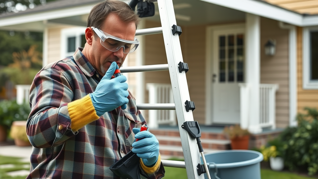 homeowner wearing gloves and safety goggles preparing ladder and gutter cleaning tools for gutter downspout cleaning
