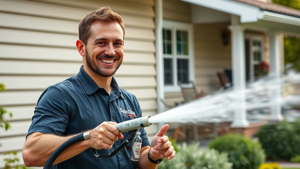 professional cleaner demonstrating soft washing a house with low-pressure equipment outside residential exterior