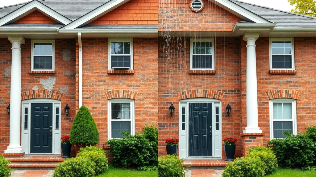 comparison of soft washing a house and pressure washing on brick home exterior, photorealistic highly detailed split-scene