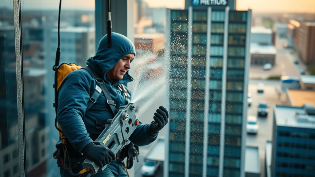 Professional window cleaning Eugene Oregon, commercial window cleaner in action