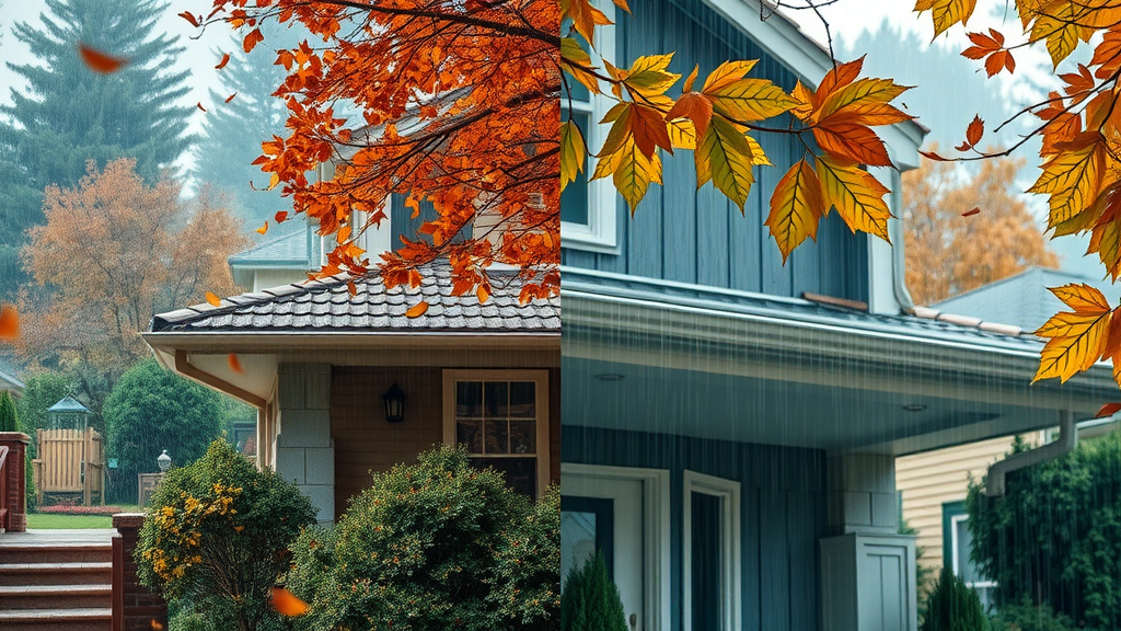 Eugene house gutters, seasonal gutter maintenance tips, autumn leaves, winter rain, clean gutters, split-scene, detailed, Pacific Northwest weather