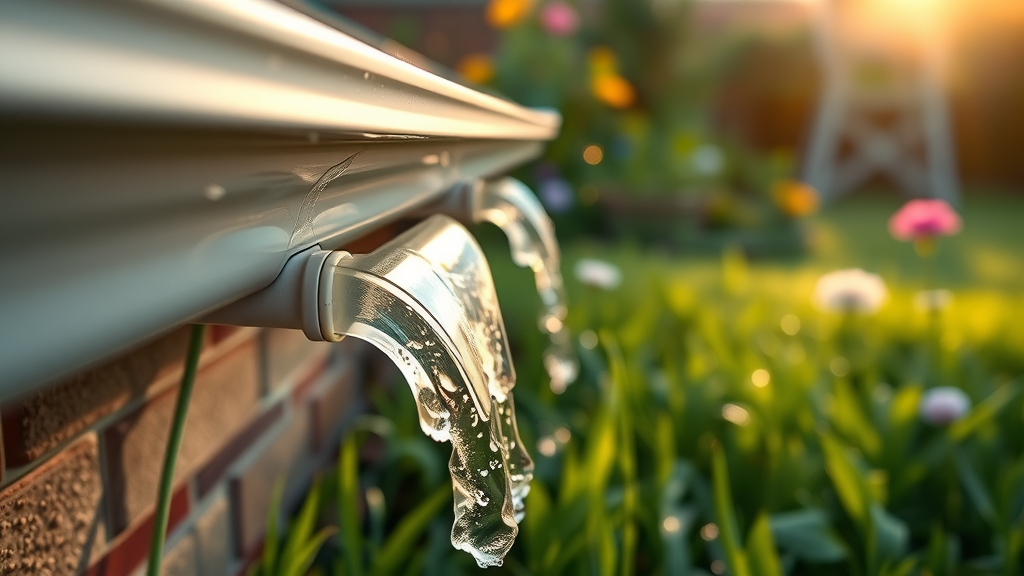 Gutter cleaning near me in Eugene OR - Gleaming gutter corner with water flowing and Eugene garden background