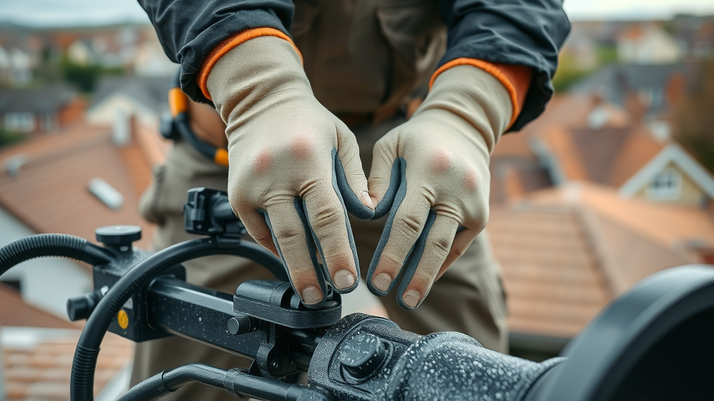 Close-up of professional hands adjusting soft wash roof cleaning equipment and safety gear for expert results.