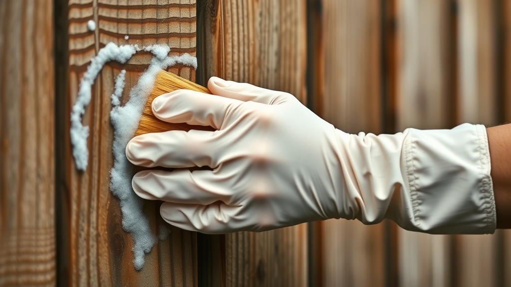 manual cleaning with gloves and scrub brush on wood fence before staining removing stubborn stains suds and wood texture