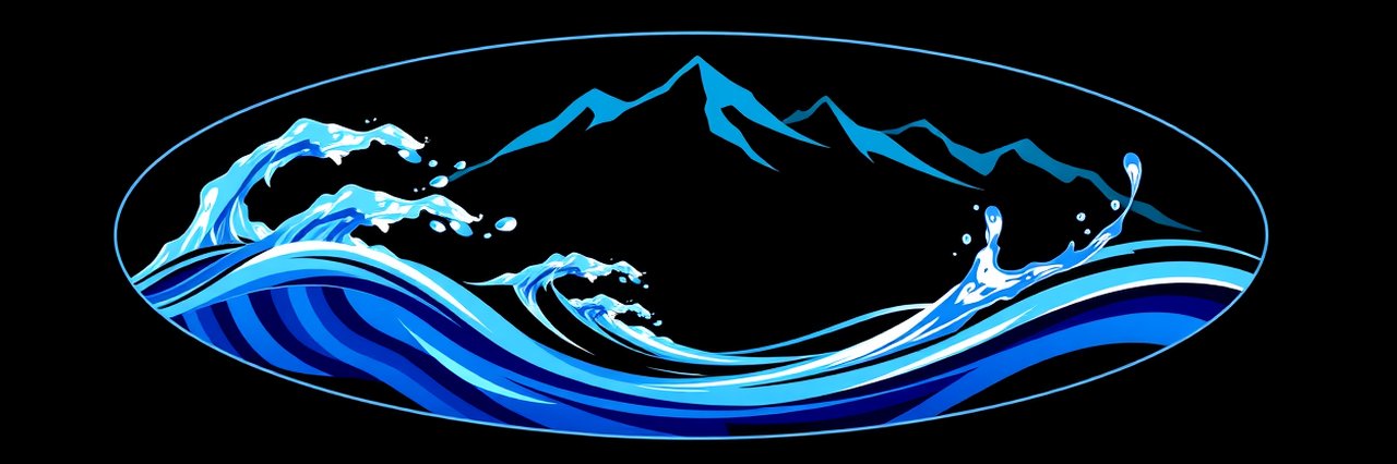 Logo for commercial roof cleaning in Eugene, OR with water waves and mountains
