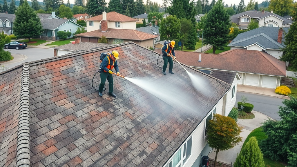 Professional roof cleaning team using soft wash equipment on a Eugene Oregon residential rooftop