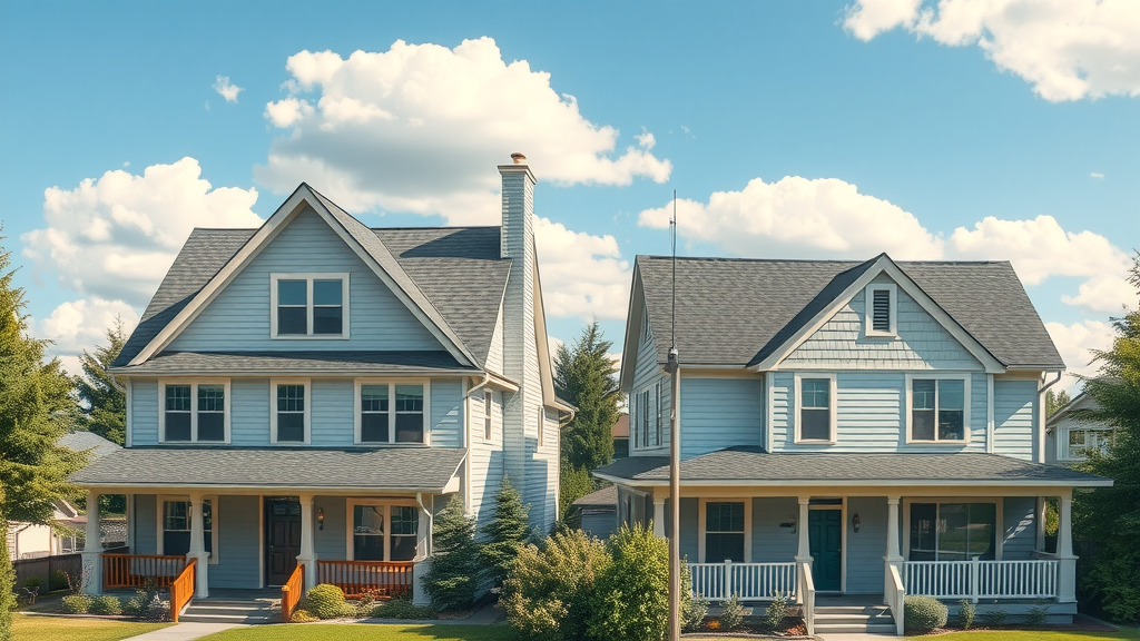 Comparison of large steep roof vs small flat roof in Eugene Oregon, showcasing roof cleaning cost factors