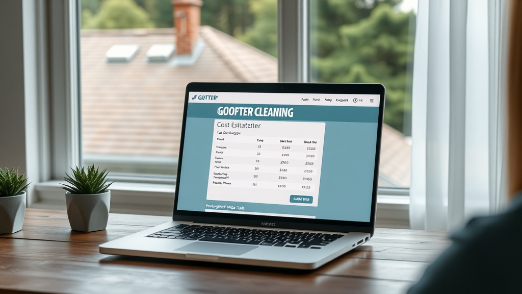 gutter cleaning cost estimator tool displayed on laptop with home and trees in background