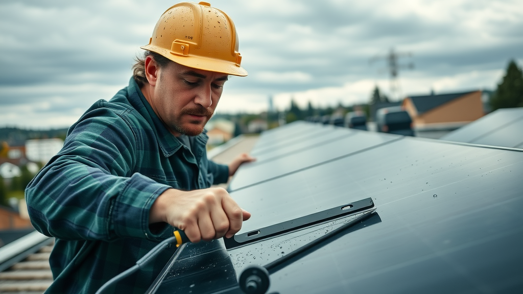 professional solar panel cleaner using squeegee, rooftop, Eugene cityscape with drizzle and cloudy sky