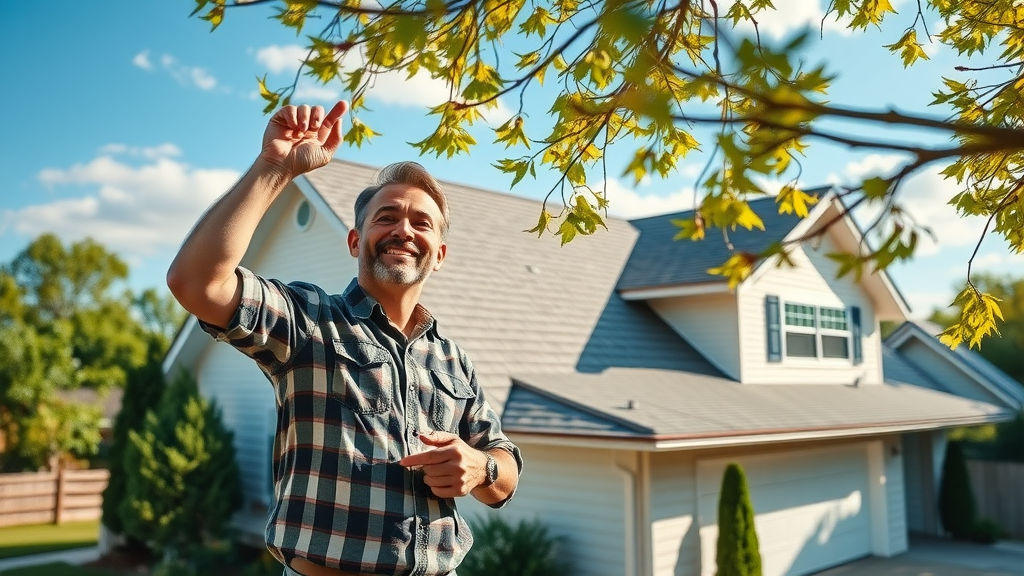 how to clean the roof of your house: Clean modern suburban home with roof inspected by confident homeowner, lush yard, and clear sky.