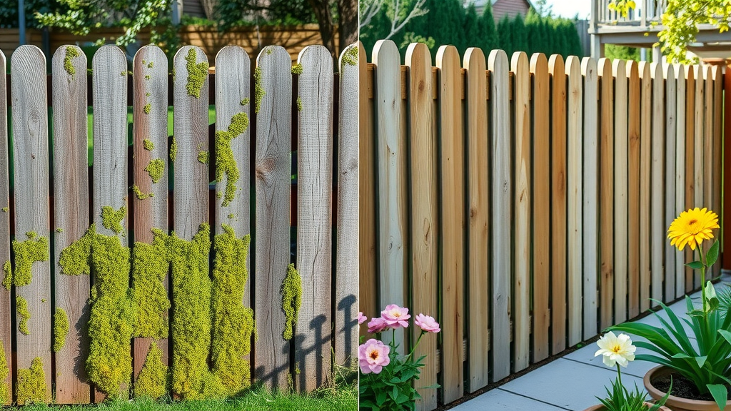 Before and after fence cleaning Eugene: old dirty fence vs spotless, bright fence - exterior cleaning Eugene