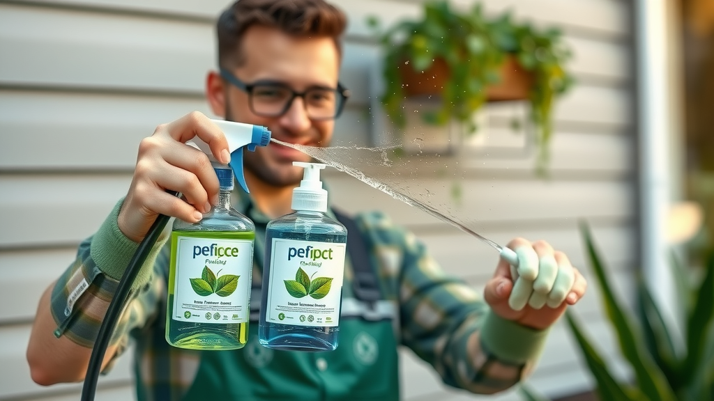 eco-friendly biodegradable cleaning solutions for soft washing technician and bottles
