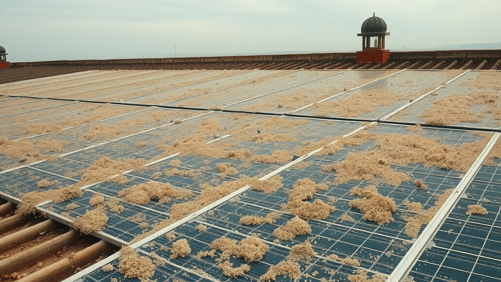 solar panels heavily covered with dust and bird droppings neglected state reducing sunlight absorption risks of poor solar panel maintenance