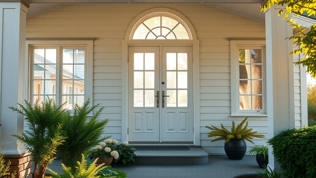 Bright welcoming Eugene, Oregon home with pristine clean windows, natural light streaming in, picturesque front yard and lush landscaping, sparkling reflections, morning sunlight—a perfect example of professionally cleaned windows.