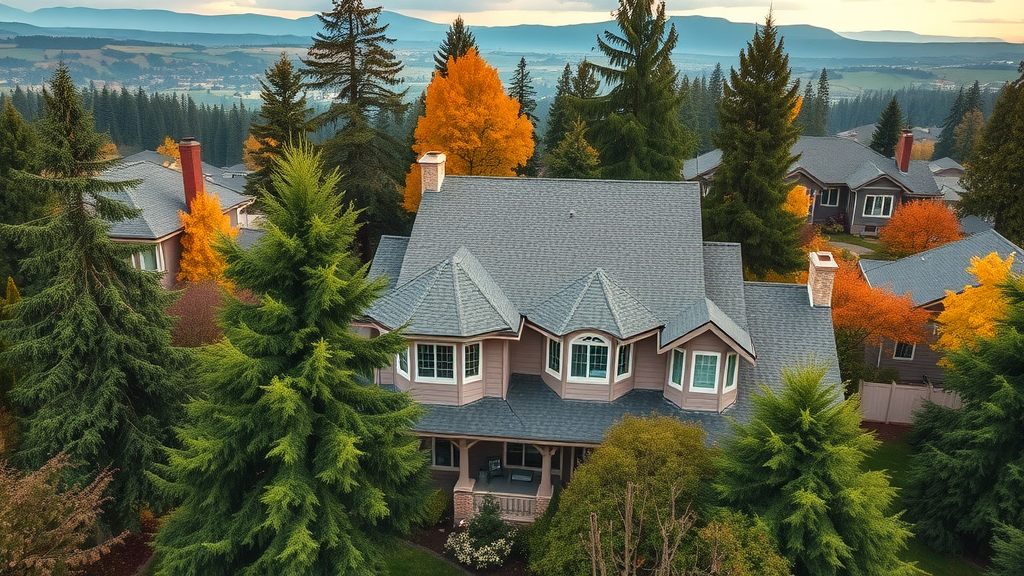 Clean residential gutters Eugene OR amid lush trees after professional cleaning