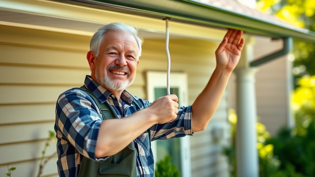 well maintained home exterior cheerful homeowner inspecting gutters for clogs photorealistic lush green garden gutter downspouts