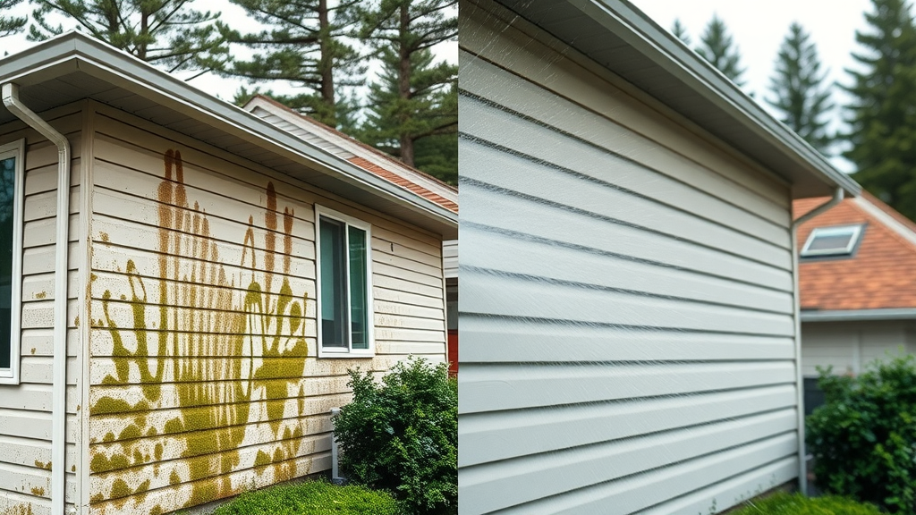 Dramatic residential pressure washing in Eugene, OR, clean vs dirty house siding