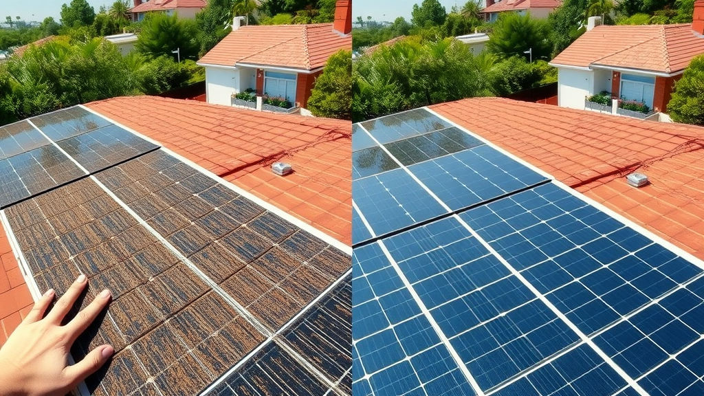 Clean vs dirty rooftop solar panels comparison, highlighting effectiveness of regular solar panel cleaning
