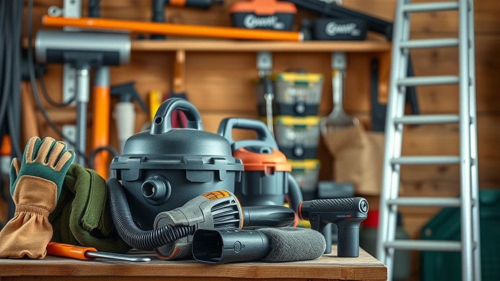 Gutter cleaning tips, organized gutter cleaning tools, shop vac, leaf blower, gutter guard, gloves, ladder, tidy garage, close-up, clean gutter system
