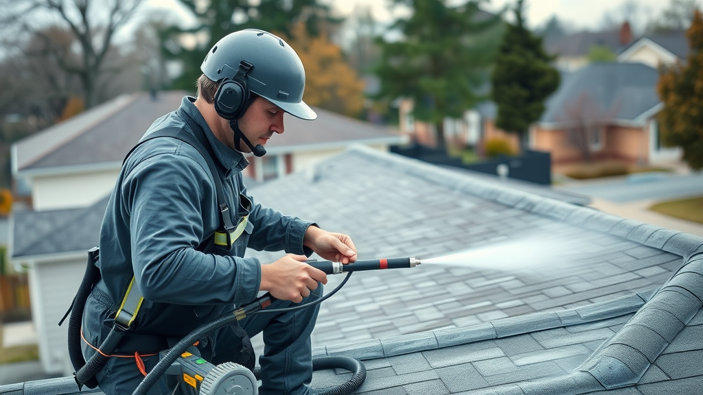Professional roof cleaner using soft washing equipment on a residential roof, gentle spray, in a suburban neighborhood.