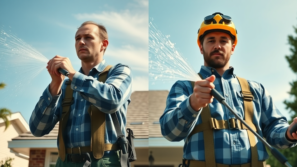 split-scene showing DIY roof cleaning versus professional safety gear, should you clean your roof