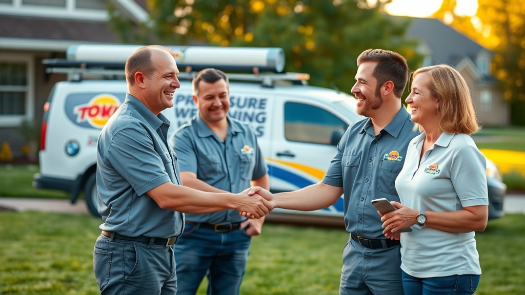 trustworthy Eugene pressure washing team with clean uniforms and branded van, shaking hands with homeowner