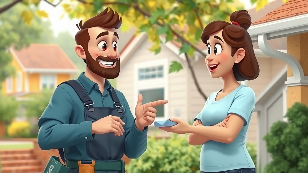 Cleaning professional with homeowner, pointing at clean gutter, cartoon style, gutter cleaning facts, animated leaves