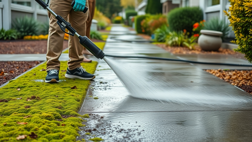 Expert power washing concrete sidewalk in Eugene Oregon removing moss and grime
