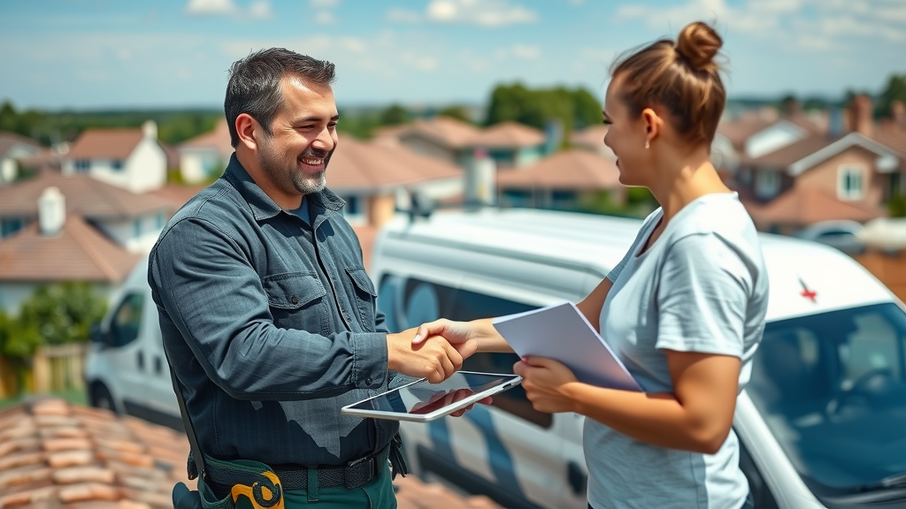 roof cleaning: Professional cleaner consulting with homeowner for a roof cleaning service free estimate.