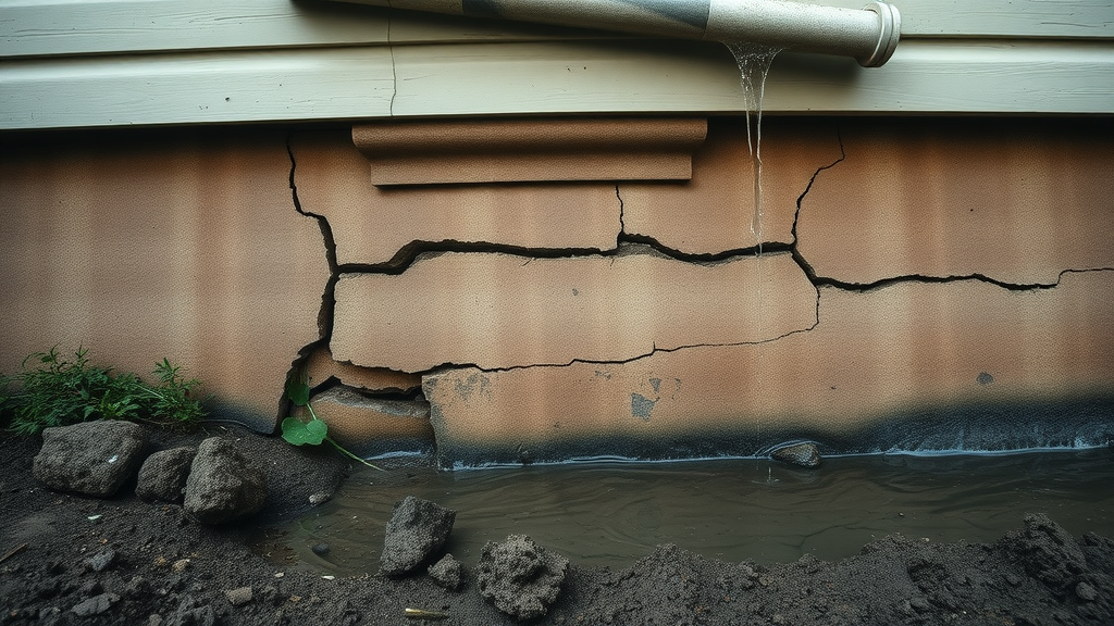 Foundation with water pooling, signs of erosion and cracked surface beneath clogged gutters, dangers of delayed cleaning gutters