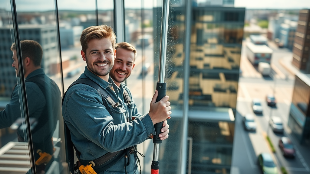 window cleaning service Eugene OR: professional window cleaners using water-fed pole system on multi-story office building, downtown Eugene, reflective glass, city traffic