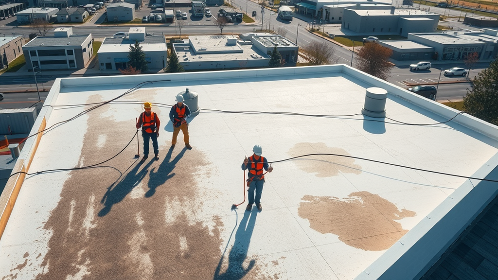 pressure washing company crew roof cleaning commercial building Eugene Oregon aerial view. Clean and dirty roof areas. Cityscape visible.