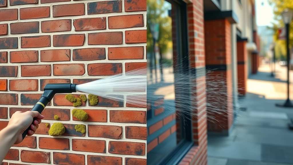 pressure washing service Eugene Oregon clean and dirty brick business façade side by side. Closeup wand spraying water and visible detailed texture.