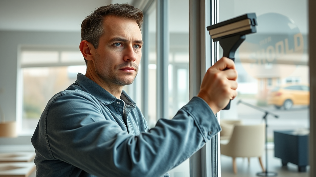 Professional window cleaner in Eugene using a squeegee on a large residential window, focused on a streak-free, high quality finish, interior furnishings and lush outdoor landscape visible.
